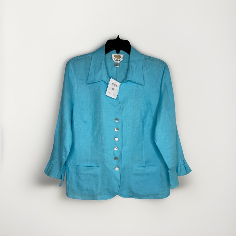 Talbots Blazer Womens Petite Size 16 Turquoise Blue 100% Irish Linen Pockets New